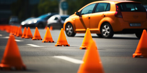 Car with orange traffic cones - obrazy, fototapety, plakaty
