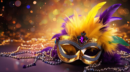 Carnival mask with colored feathers on a blurred background - obrazy, fototapety, plakaty