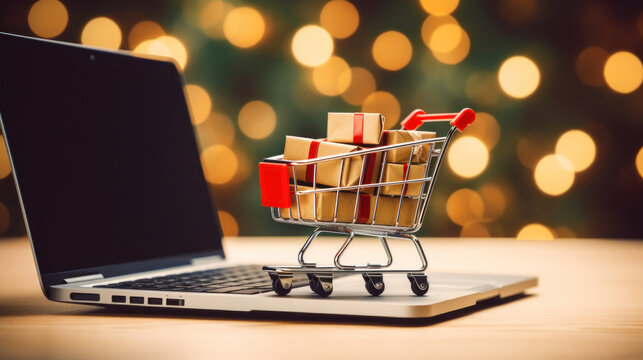 A toy shopping cart with gift boxes stands on a laptop against the bokeh background of a blurred Christmas tree