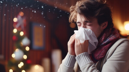 Young man suffering from allergies or the flu blows his nose or sneezes into a handkerchief against the christmas background - obrazy, fototapety, plakaty