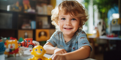 Fototapeta premium Portrait of a cute smiling boy with toys