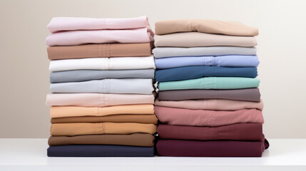 Folded clothes in stacks of various simple colors placed on a table on a white background
