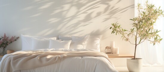 Luxurious indoor lifestyle an elegant home with a white unmade bed and sunny white curtain backdrop