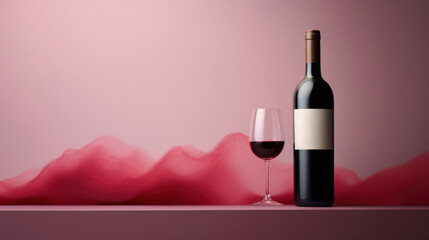 Red wine bottle with a glass on a simple dark pink empty background - obrazy, fototapety, plakaty