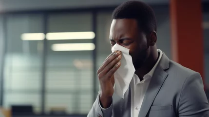 Fotobehang A dark-skinned young male allergy or flu sufferer blows his nose or sneezes into a handkerchief. © tashechka