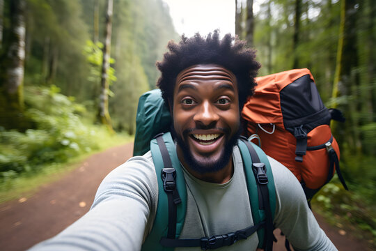 Happy traveller black man with backpack taking selfie picture in forest - Travel blogger taking self portrait with smart mobile phone device outside - Life style and technology concept