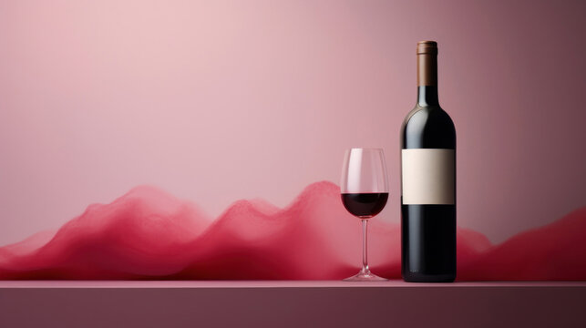 Red wine bottle with a glass on a simple dark pink empty background