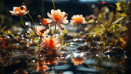 Nature beauty in a single flower, reflecting in a tranquil pond generated by AI