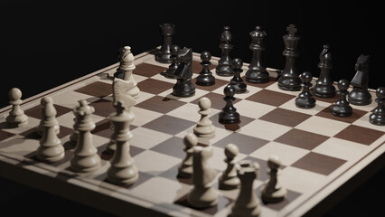 Chess pieces on the board with Ruy Lopez opening