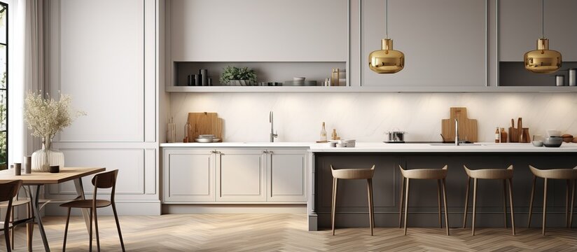 Luxurious kitchen with wooden and white walls wooden floor grey countertops cupboards and a large window rendered in