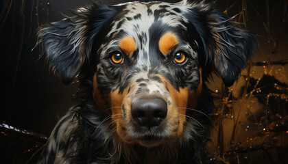 Cute puppy sitting, looking at camera, wet fur, adorable eyes generated by AI - obrazy, fototapety, plakaty