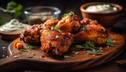 Grilled buffalo chicken wings with savory sauce and crunchy vegetables generated by AI