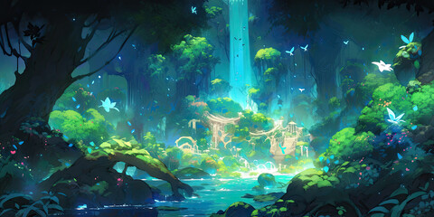 Fototapeta premium Anime fantasy magical forest background backdrop vibrant, generated ai