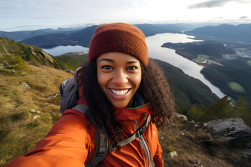 Young black woman taking selfie portrait hiking mountains - Happy hiker on the top of the cliff smiling at camera - Travel and hobby concept - obrazy, fototapety, plakaty
