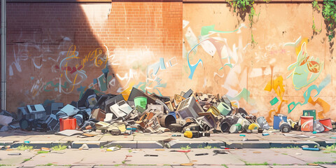 Anime urban city wall street junk rubbish mess, generated ai - obrazy, fototapety, plakaty