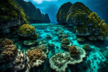 Healthy fringing coral reefs grow around the dramatic limestone islands that rise from Raja Ampat's seascape. This remote part of Indonesia is known for its incredibly high marine biodiversity - obrazy, fototapety, plakaty