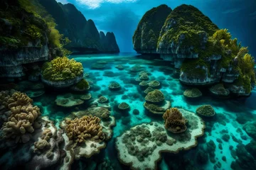 Fotobehang Healthy fringing coral reefs grow around the dramatic limestone islands that rise from Raja Ampat's seascape. This remote part of Indonesia is known for its incredibly high marine biodiversity © Izhar