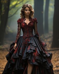 Fototapeta na wymiar The woman in the gothic-inspired red and black dress stands confidently outdoors, her fabric flowing in the wind, embodying the essence of fashion and power