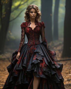 The woman in the gothic-inspired red and black dress stands confidently outdoors, her fabric flowing in the wind, embodying the essence of fashion and power