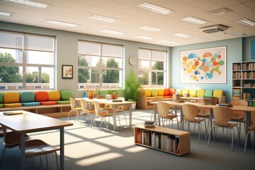 Airy and inviting elementary school classroom with wooden desks, green chalkboard, and large windows. Ideal for learning and discovery. - obrazy, fototapety, plakaty