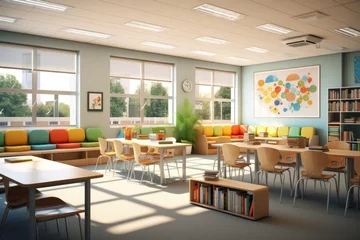 Foto op Canvas Airy and inviting elementary school classroom with wooden desks, green chalkboard, and large windows. Ideal for learning and discovery. © Postproduction