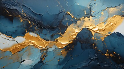 An abstract map of vibrant blues and shining golds painted on a surface evokes a sense of creative exploration and artistic expression