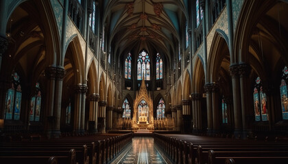 Inside the majestic Gothic style basilica, illuminated stained glass windows illuminate history generated by AI