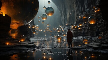 A lone figure stands in awe amidst a glowing cave of shimmering spheres, illuminated by the soft light of the moon's reflection on the still water