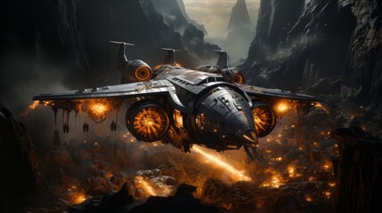 A breathtaking of a spacecraft soaring through a rugged terrain, wielding weapons for an epic battle