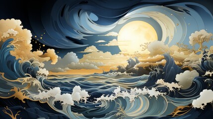A captivating painting of a majestic full moon illuminating the calm, rolling sea below, evoking a sense of peace and awe in its beauty