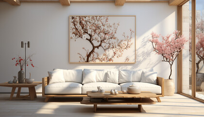 Modern apartment with bright, comfortable living room, elegant wood decor generated by AI