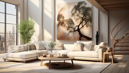 Comfortable modern living room with elegant wood flooring and bright sunlight generated by AI