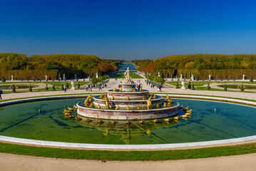 Latona Fountain, between the Chateau de Versailles and the Grand Canal, in the Gardens of...