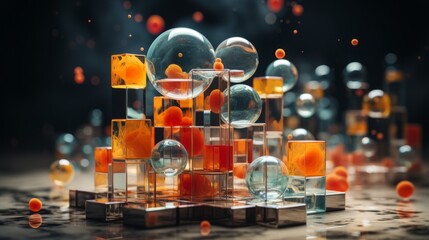 Under the starry night sky, a group of glass balls glowed with an orange liquid, radiating a magical light that invited the onlooker to take a sip of its mysterious elixir