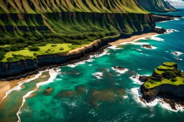 Aerial view of a coastal travel destination in Hawaii, a rugged coastline with green cliffs and tranquil waters in Kauai - obrazy, fototapety, plakaty