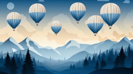 A breathtaking landscape of majestic mountains is filled with the vibrant colors of an aerial parade of hot air balloons, transporting its passengers to a world of freedom and wonder