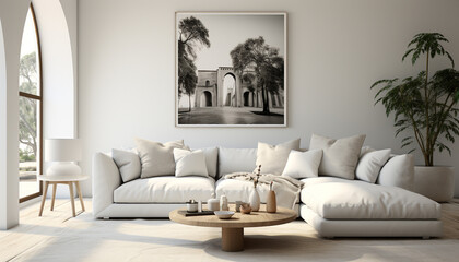Modern apartment with comfortable sofa, elegant decor, and bright lighting generated by AI