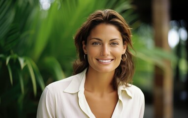 Fototapeta premium A smiling business woman standing against tropical background