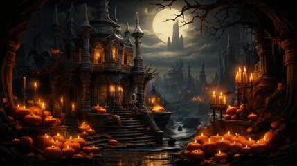 A solemn yet eerily beautiful scene of a castle illuminated by flickering candles and vibrant pumpkins creates an enchanting atmosphere