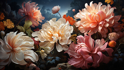 Nature elegance in vibrant colors, a floral pattern of blossoms generated by AI