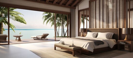 Naklejka premium Luxury tropical bedroom suite depicted in at a resort hotel