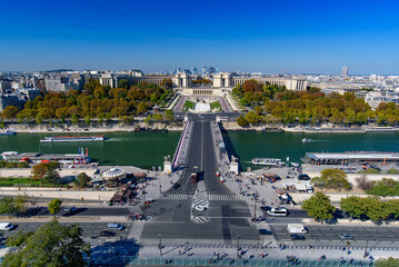 Aerial view of Palais de Chaillot, Seine river, and the skyline of Paris city from Eiffel Tower, Paris, France, Europe - obrazy, fototapety, plakaty