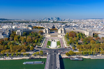 Aerial view of Palais de Chaillot, Seine river, and the skyline of Paris city from Eiffel Tower,...