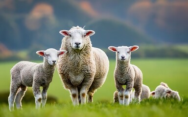 Sheep and lambs on nature environment grass