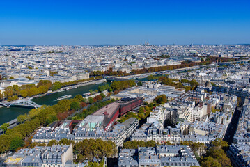 Aerial view of Seine river and the skyline of Paris city from Eiffel Tower, Paris, France, Europe - obrazy, fototapety, plakaty