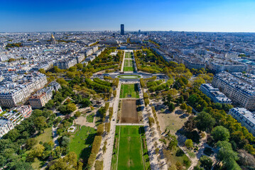 Aerial view of Champ de Mars Park from Eiffel Tower, Paris, France, Europe - obrazy, fototapety, plakaty