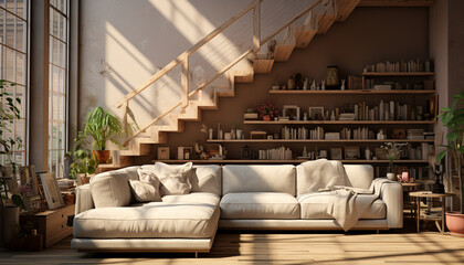 Comfortable, modern loft apartment with elegant interior and bright sunlight generated by AI