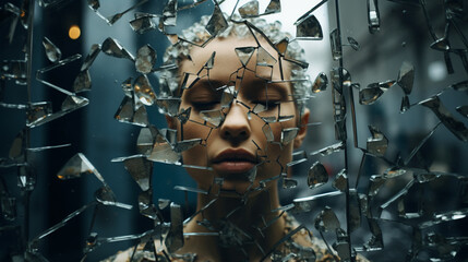 Naklejka na ściany i meble A fractured face with shattered mirror, revealing a puzzle of sharp, jagged pieces, each holding a distorted image of the broken soul within.