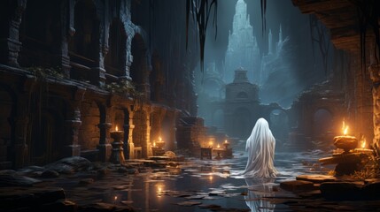 On a dark and stormy night, a ghostly figure emerges from the shadows of a flooded landscape, lit...