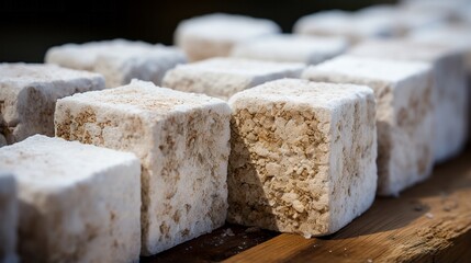 This picture captures the warm and rustic charm of an outdoor cheesemaking scene, as a group of cubes of white and brown sugar add a touch of sweetness to the mix of fresh dairy and ground food